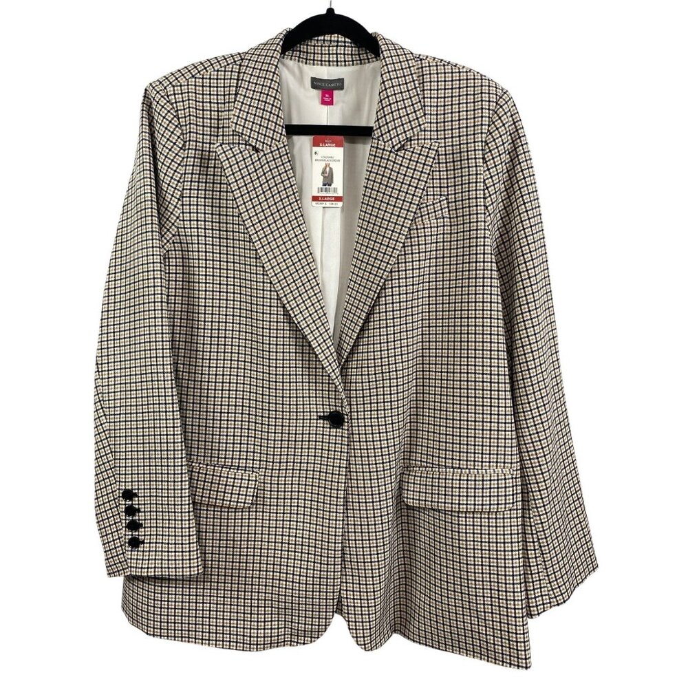 Vince Camuto Blazer Jacket Business Casual Plaid Tan Black Cream Womens SZ XL